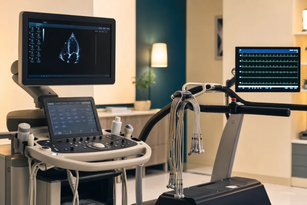 Cardiac check-up suite with echocardiography, treadmill stress test and ECG.