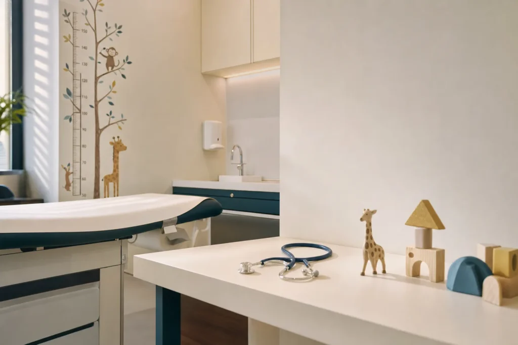 Warm child-friendly paediatric check-up room with exam table and toys, no children.