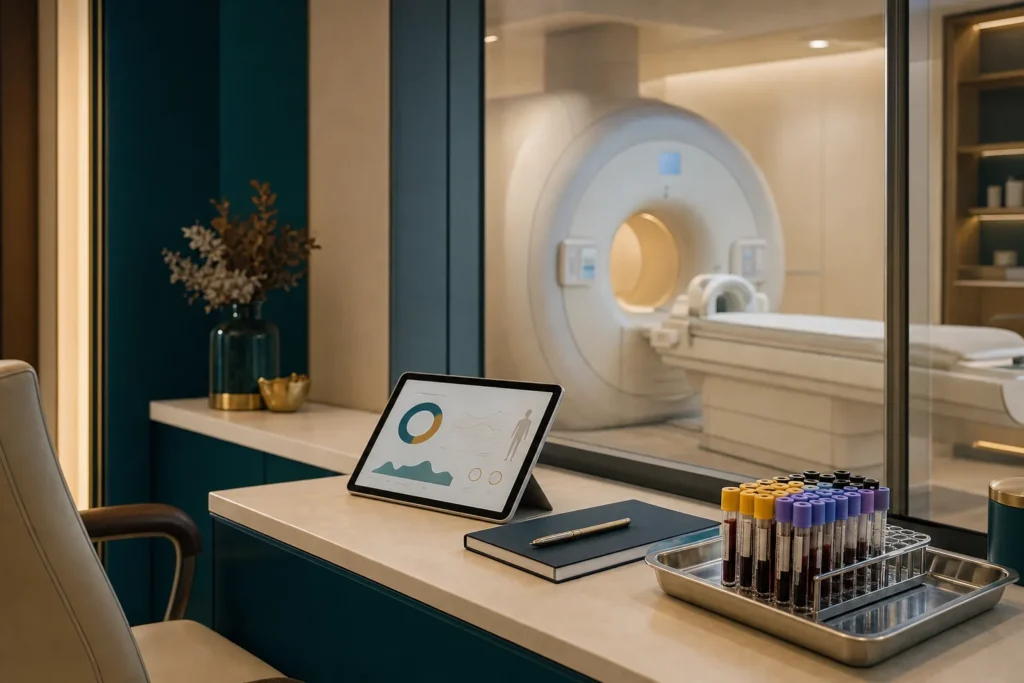 Comprehensive preventive check-up suite with MRI, lab tubes and a health dashboard.
