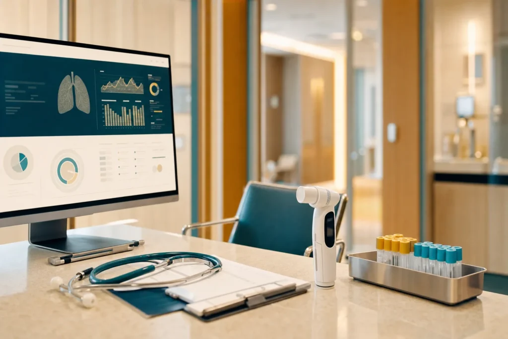 Clinician desk with health dashboard, spirometer and lab tray for a 40+ check-up.