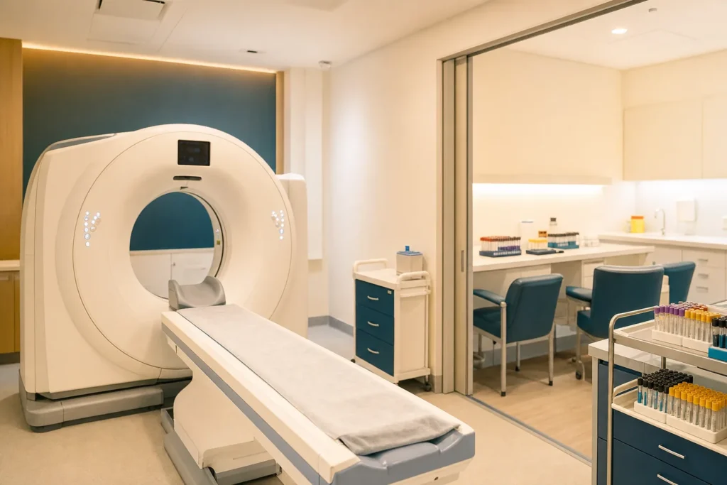 Radiology and laboratory wing with a CT scanner and phlebotomy station.