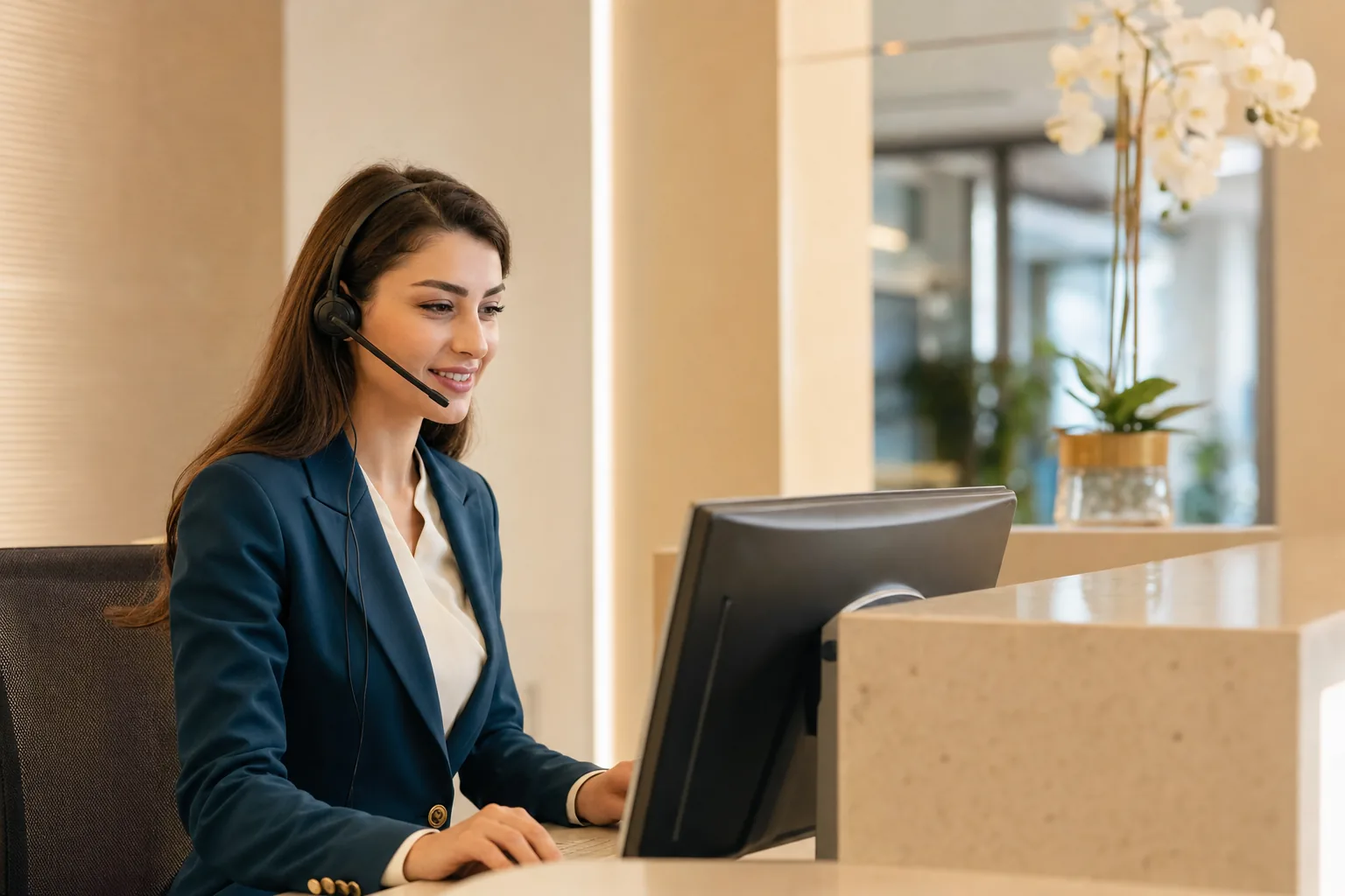 A patient-coordinator with a headset helping at a desk.