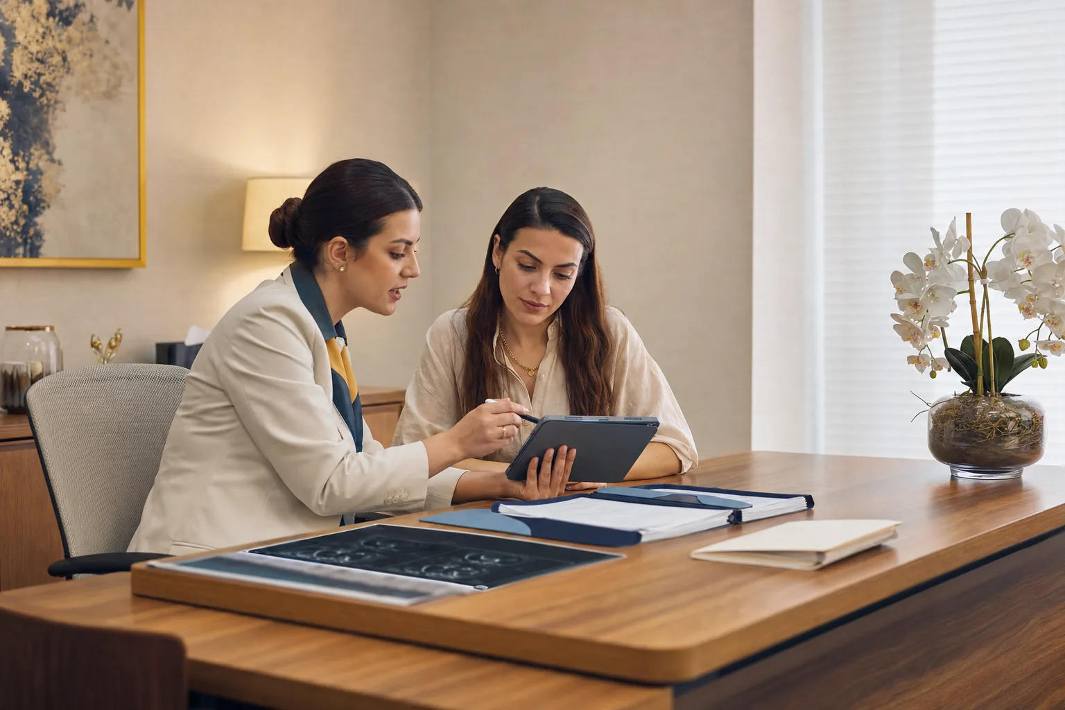 A coordinator and a patient reviewing documents at a desk.
