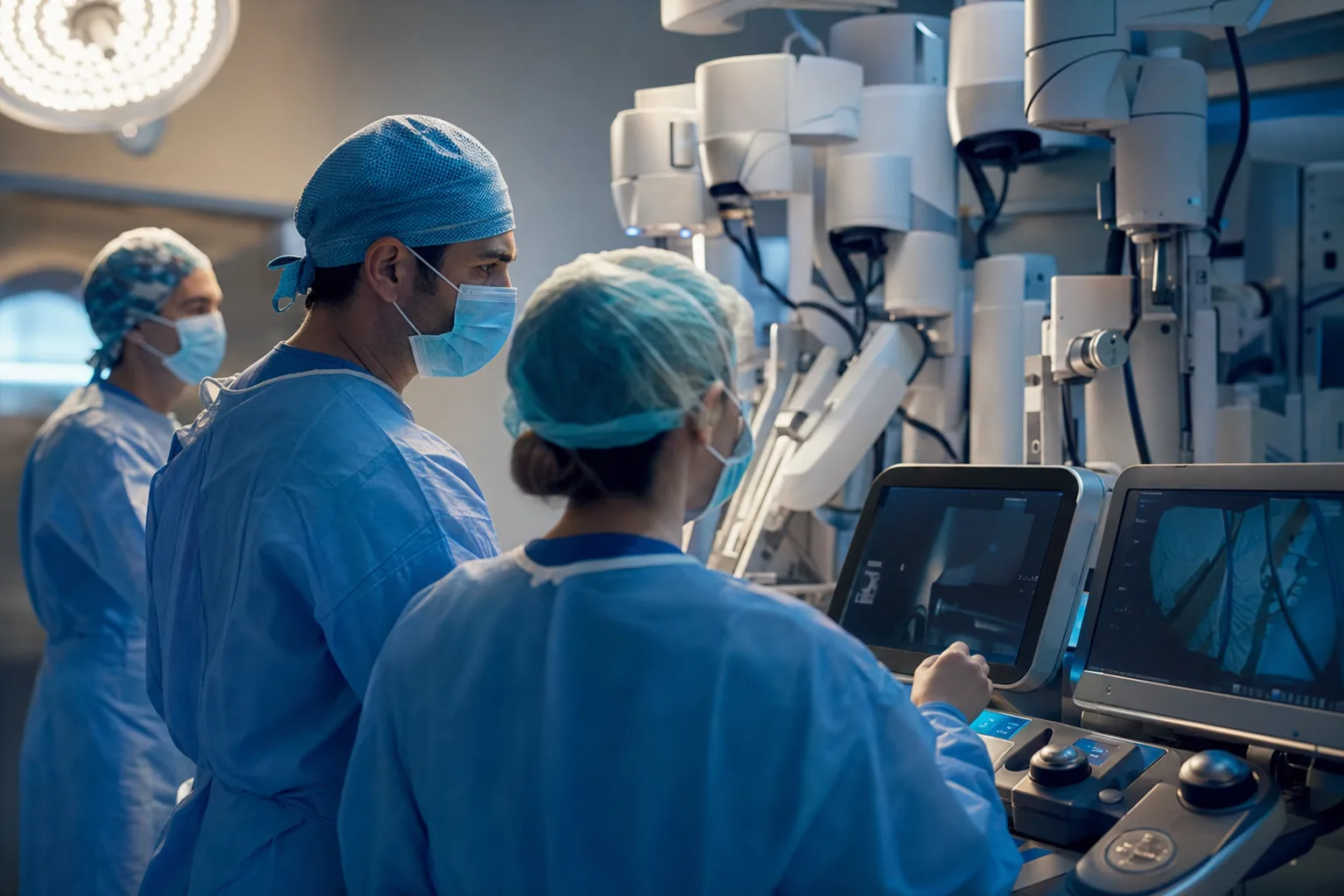 Surgical team at a robotic-surgery console.