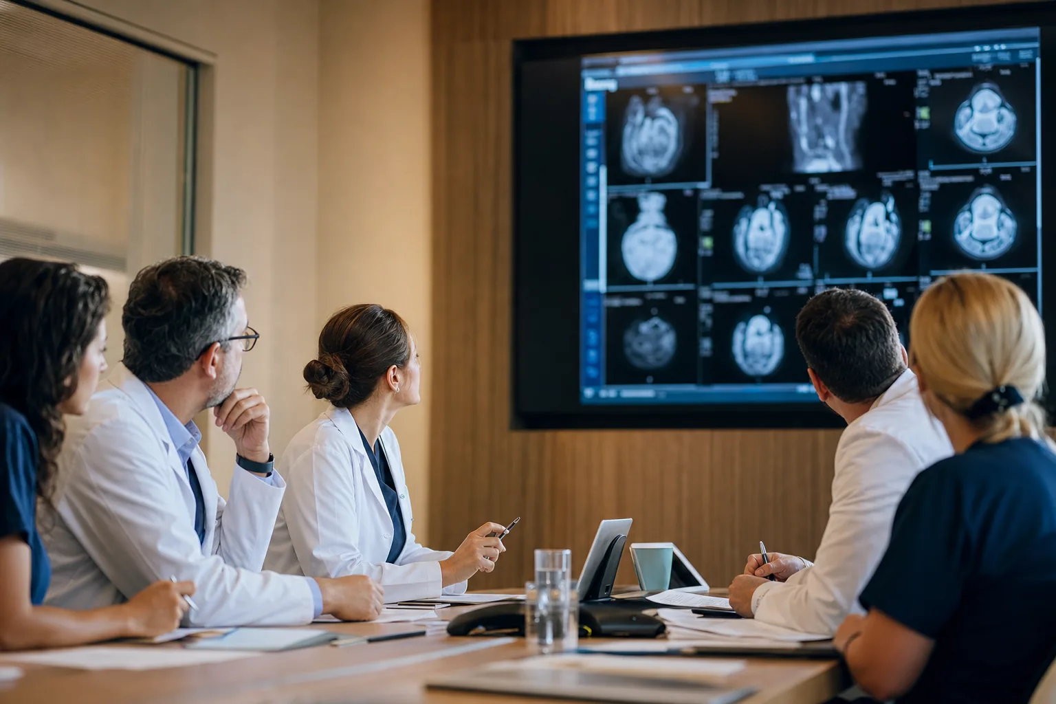 A multidisciplinary tumour board reviewing a case.
