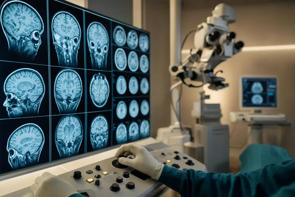 Neurosurgical planning with brain MRI on a navigation display.