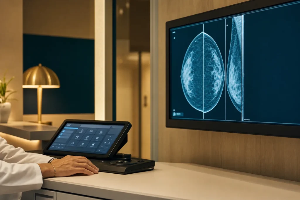 Breast-imaging reading room with mammography review on a monitor.