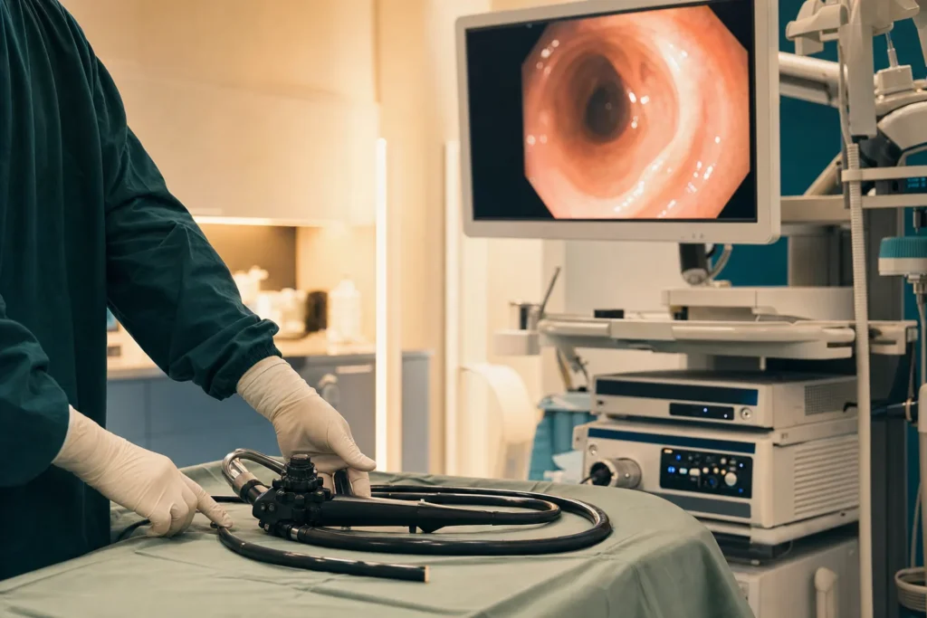 Endoscopy suite with a colonoscopy tower prepared for a procedure.