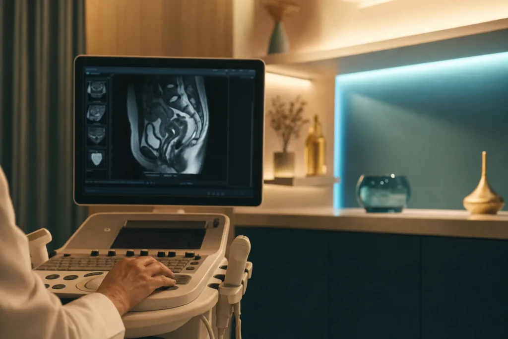 Women's-health imaging review on a radiology monitor.