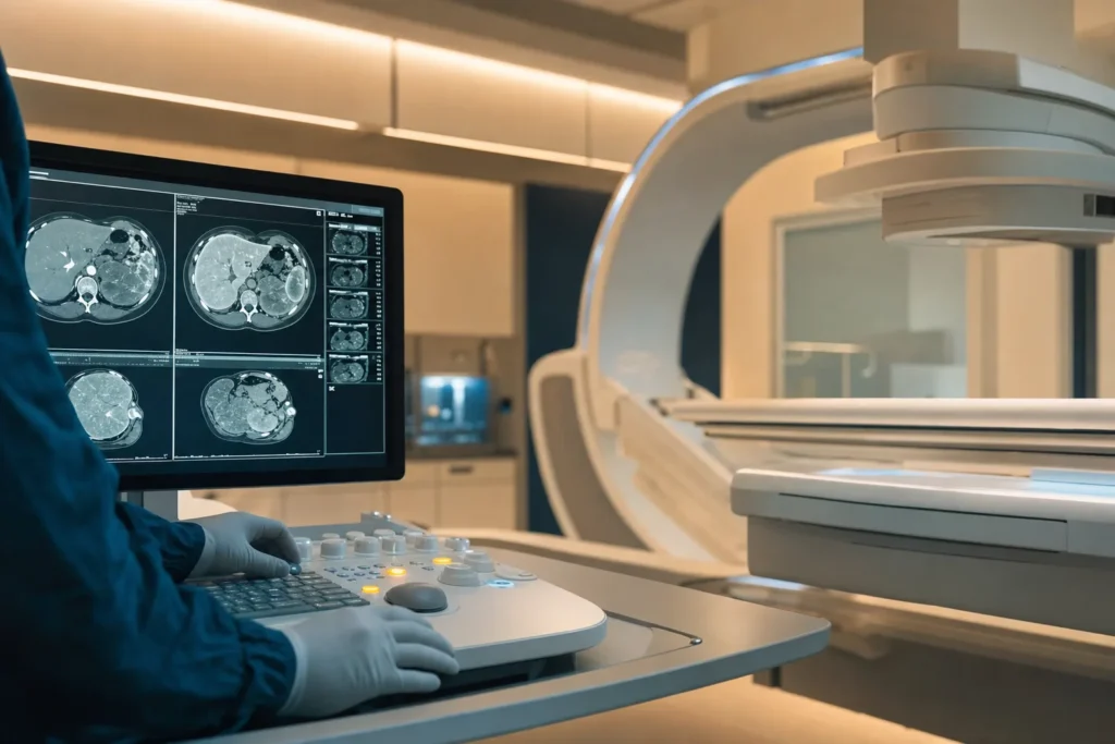 Interventional radiology suite reviewing liver imaging.
