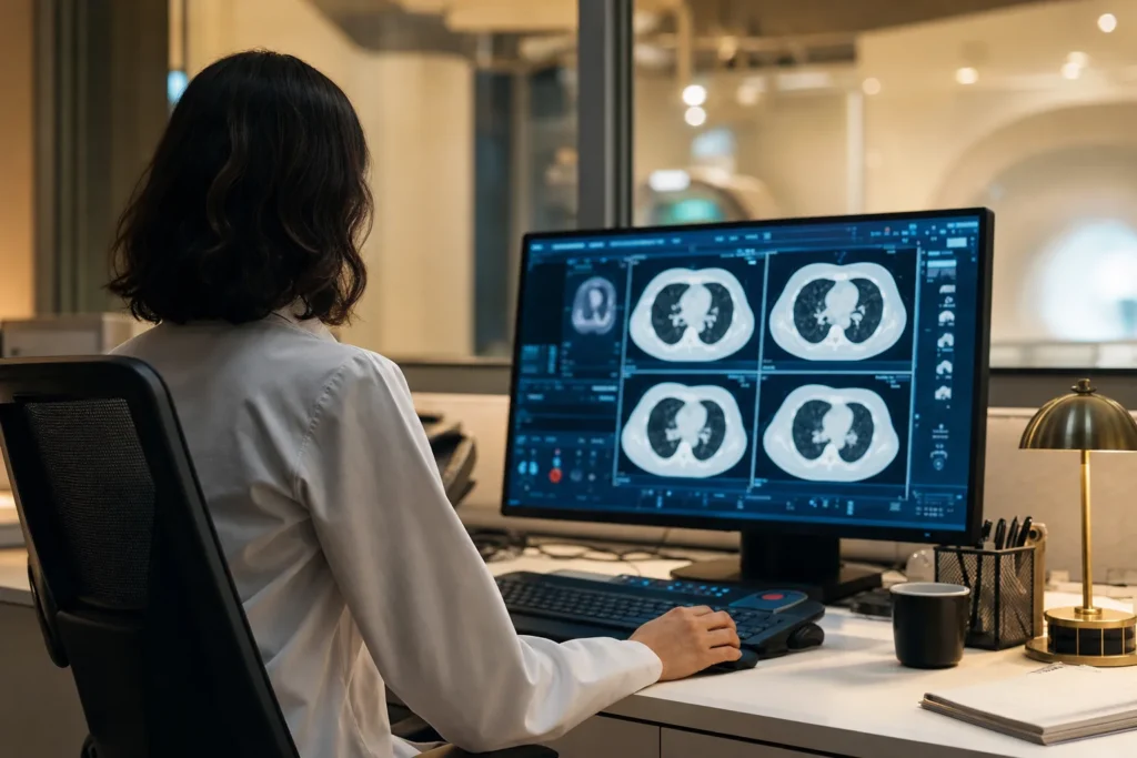 Radiology station reviewing a chest CT scan for lung assessment.
