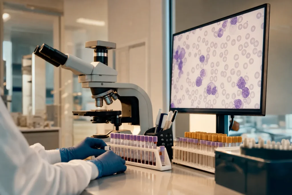 Haematology laboratory with a microscope and blood-smear analysis.