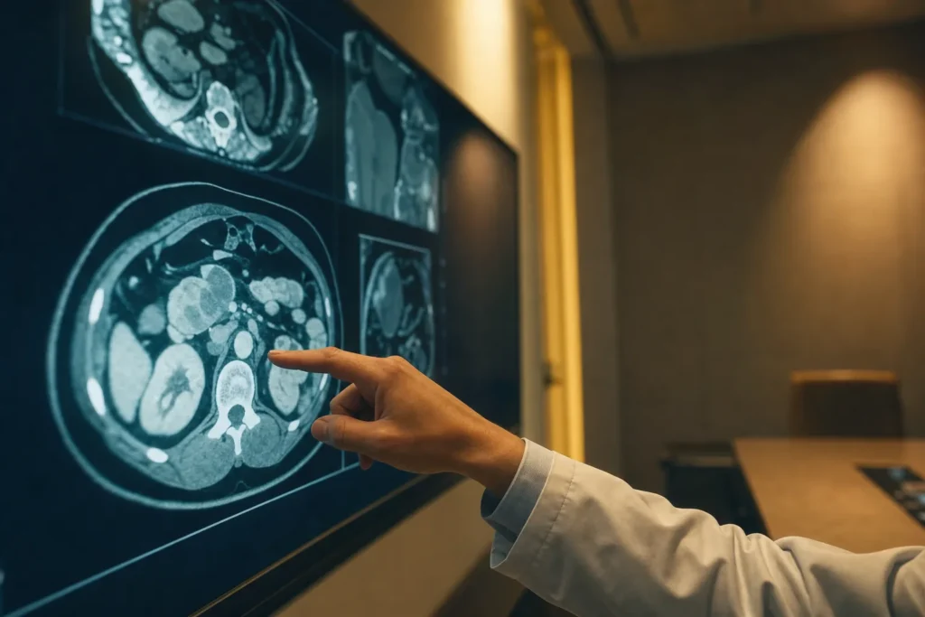 Surgical planning with abdominal imaging on a tumour-board display.