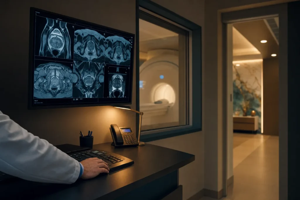 Prostate MRI review on a radiology reporting monitor.