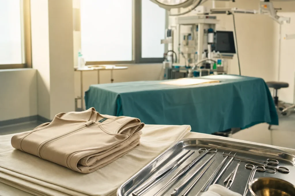 Pre-operative tummy-tuck setup: compression garment and instruments in a clinic.