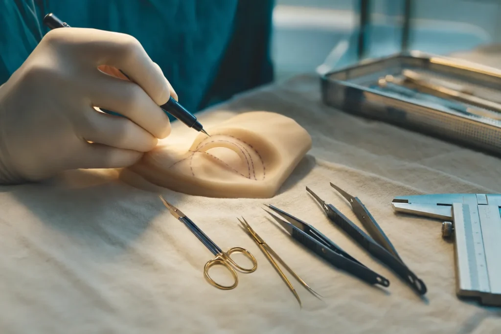 Fine oculoplastic instruments and marking pen for eyelid surgery on a tray.