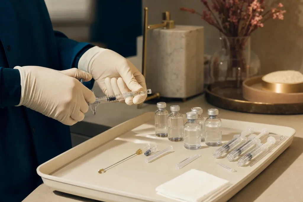 Dermal filler syringes and a micro-cannula prepared on a clinic tray.