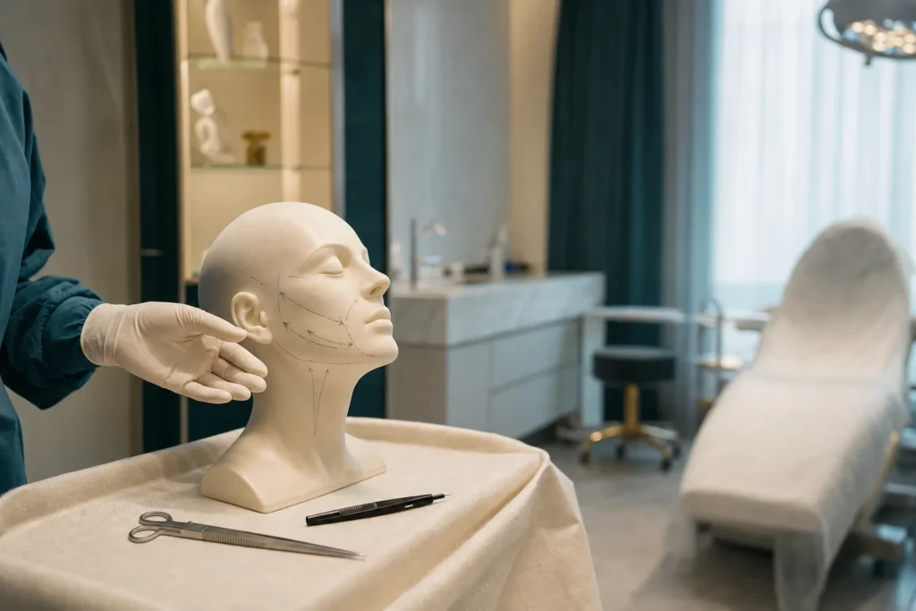 Facelift planning with marking lines on an anatomical model and instruments.