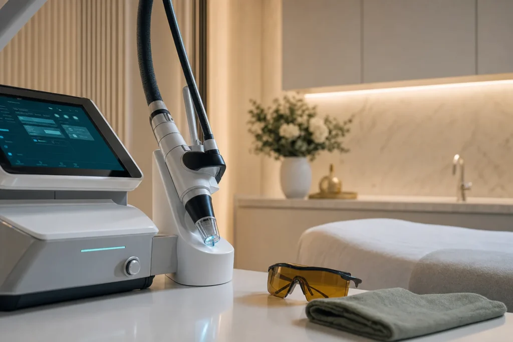 Fractional CO2 laser resurfacing handpiece and protective eyewear in a clinic.