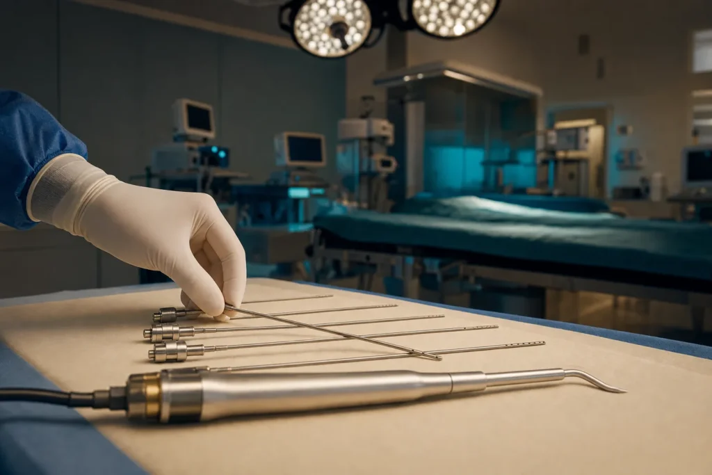 Liposuction cannulas and an ultrasonic VASER handpiece on a surgical tray.