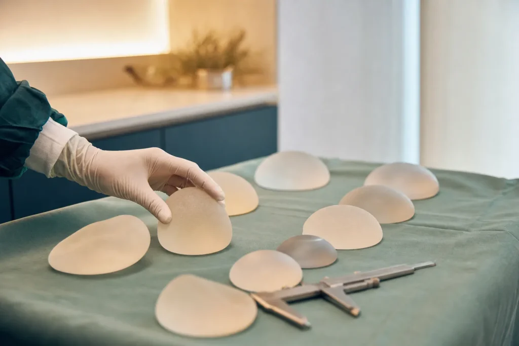 Breast implant sizers and callipers on a surgical tray during consultation.