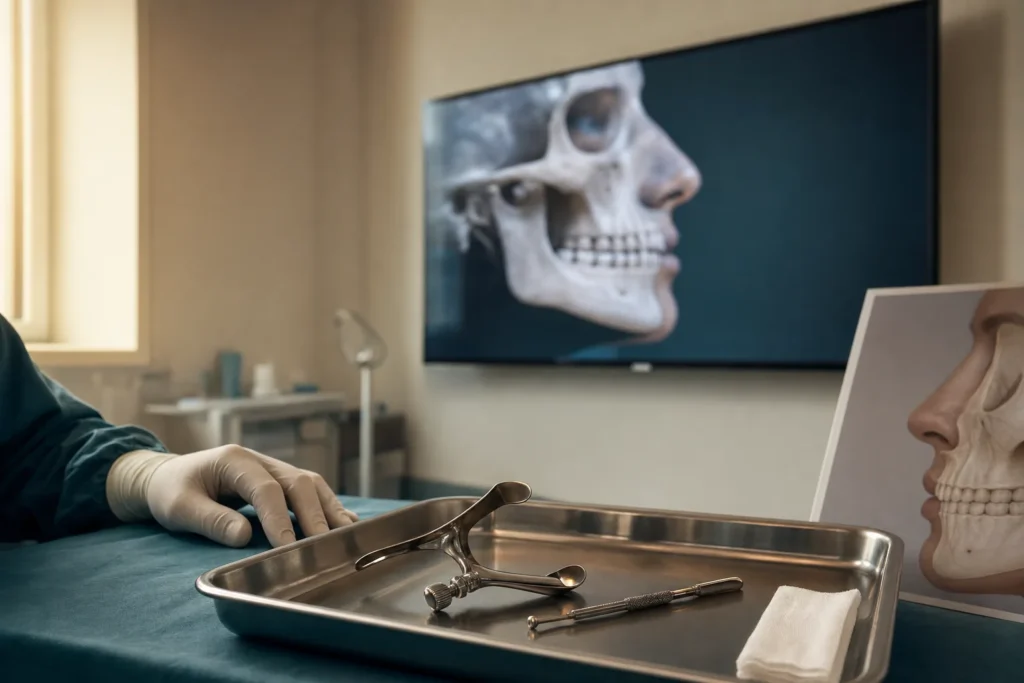 Rhinoplasty surgical-planning station with 3D nasal profile imaging and instruments.