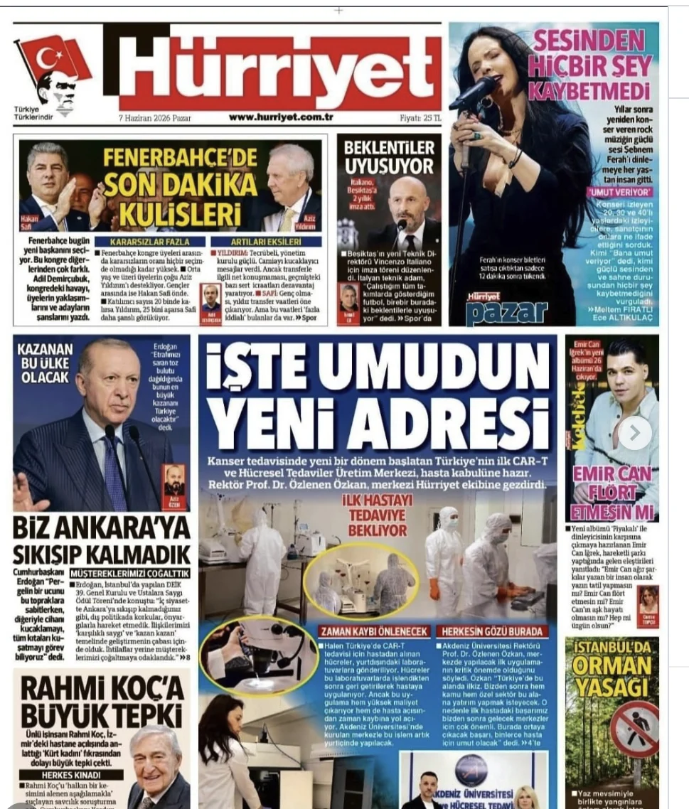 Hürriyet devoted its front page to the new centre — “the new address of hope” — on 7 June 2026. Source: Hürriyet / Akdeniz University.